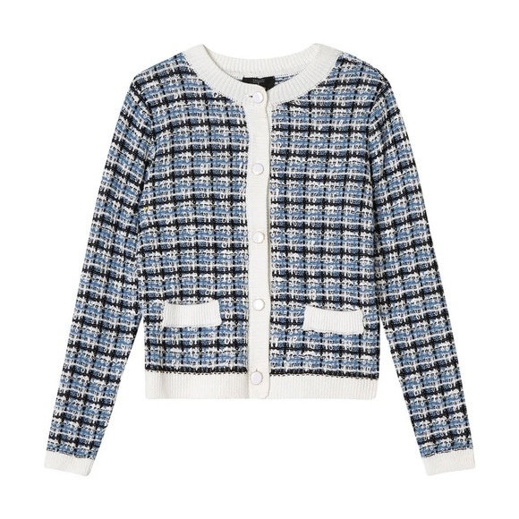 Tahari Navy LIght Blue Sand Ivory Combo Crop Tweed Jacket Size XL - Picture 1 of 15